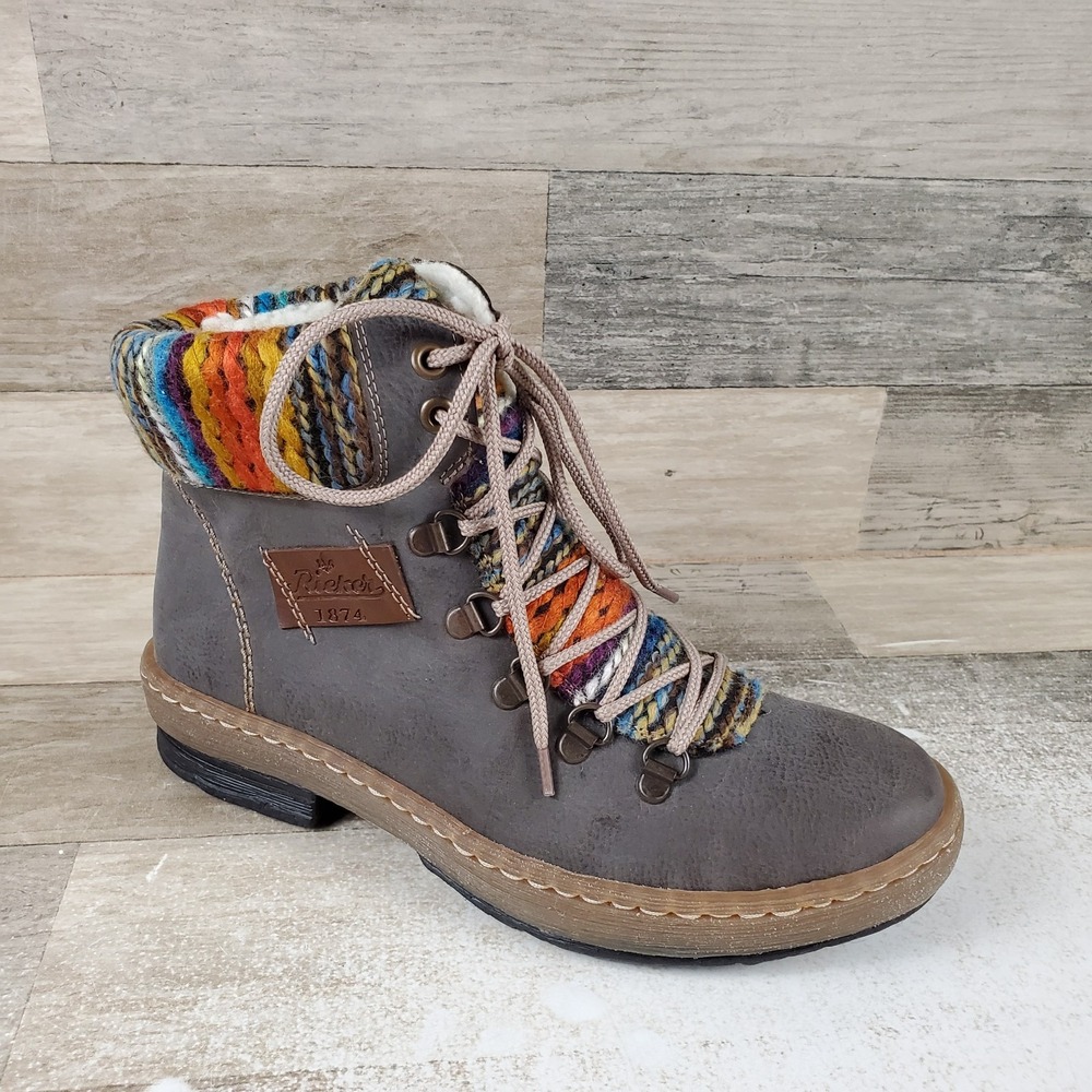 Rieker Felicitas 43 Womens Ankle Boots 7 Gray Basalt Knit Cuff Lace-Up Comfort